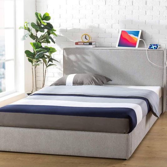 Finley Upholstered Platform Bed Frame With Headboard Shelf / Usb, Queen