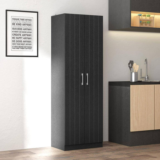 Furniture Rayborn Small Wood Kitchen Pantry With 2 Doors And 4 Shelves, Black Oak