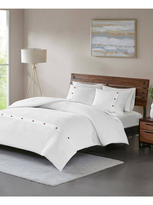 Finley 3 Piece Cotton Waffle Weave Duvet Cover Set - Full/Queen - White