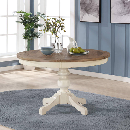 Furniture Prato Round Antique White And Distressed Oak Two-Tone Finish Wood Dining Table